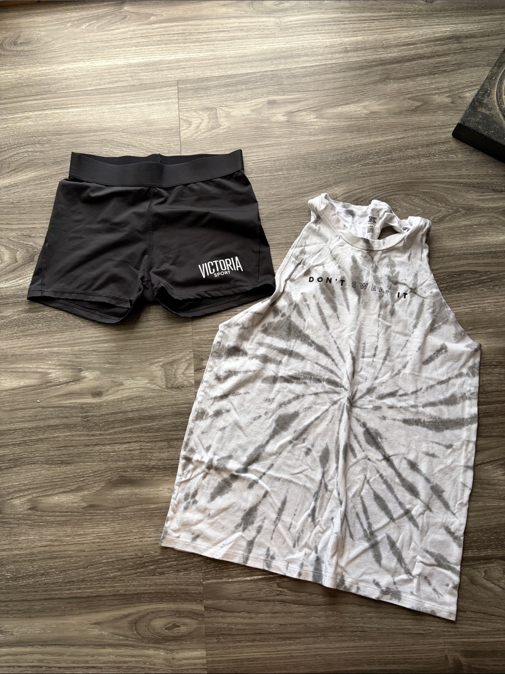 Victoria Sport Black Athletic Shorts & Gray Tie-Dye Tank Set Medium